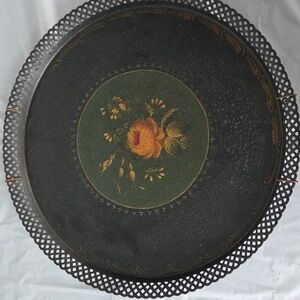 Vintage 1950's Black and Gold Decorative Tole Tray Floral Design